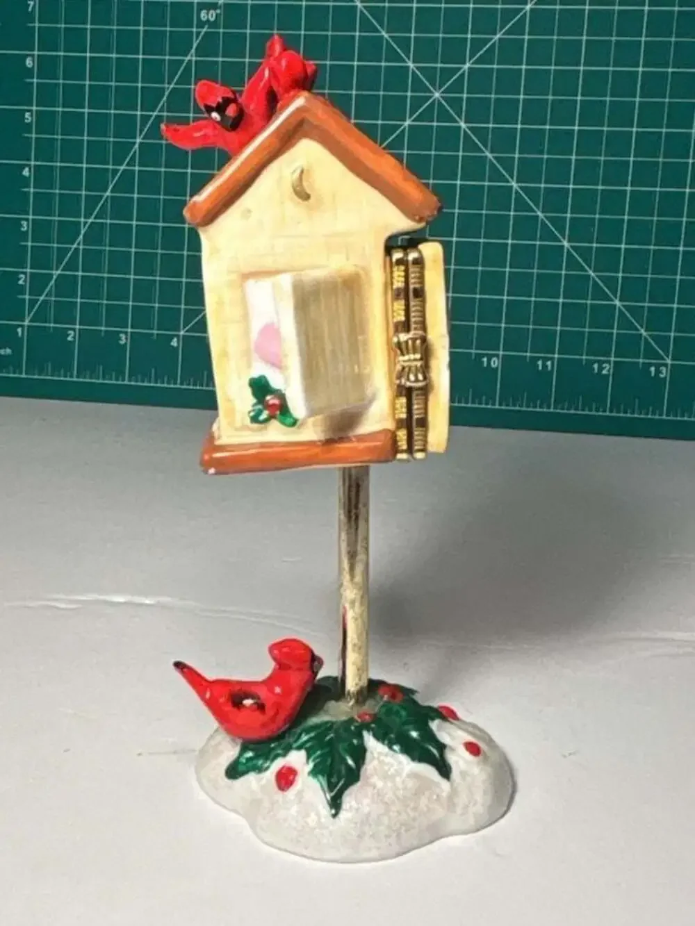 Vintage Ceramic Cardinal Birdhouse Trinket Box on Snowy Holly Post